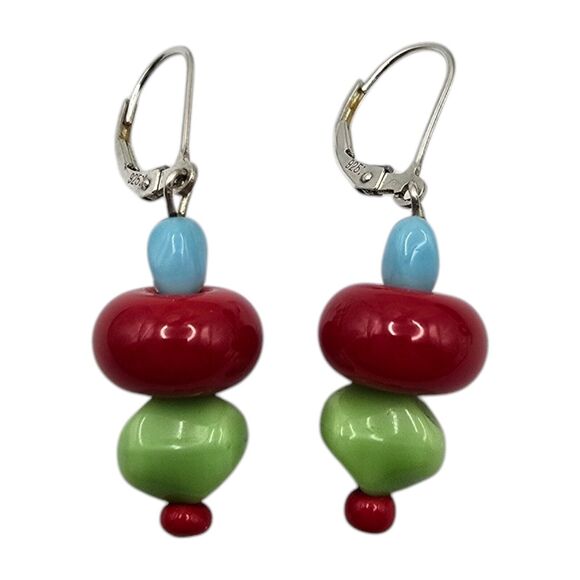 Artisan Vibrant Colors Earrings Marked 925 Leverback Red Green Blue Christmas - Picture 9 of 11